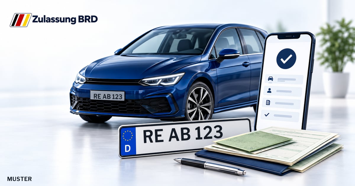 Online Fahrzeugzulassung in Landkreis Recklinghausen: Musterkennzeichen RE AB 123, Auto und Fahrzeugpapiere und Smartphone. Illustration mit Logo von Zulassung BRD.